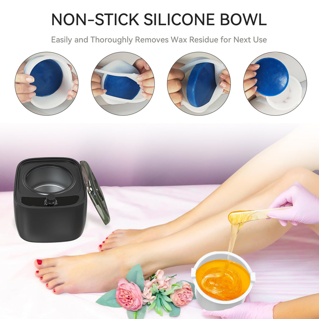 Waxing Kit for Women Men, Wax Warmer with Silicone Bowl & 4 Bags Hard Wax Beads, Portable Wax Kit for Sensitive Skin Full Body Hair Removal, Brazilian Bikini, Eyebrow, Face, Black