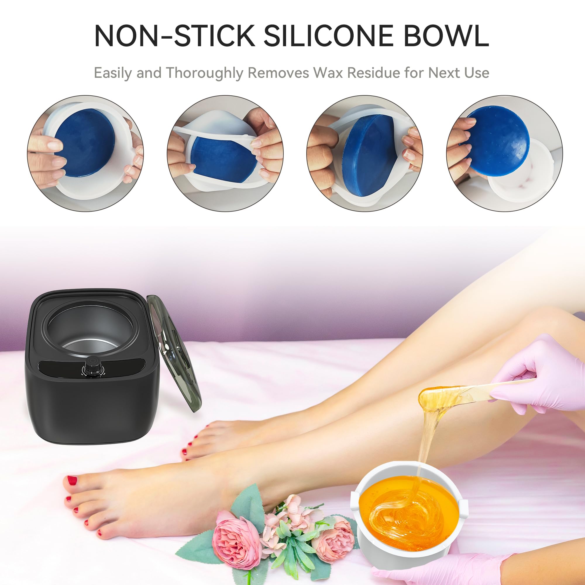 Waxing Kit for Women Men, Wax Warmer with Silicone Bowl & 4 Bags Hard Wax Beads, Portable Wax Kit for Sensitive Skin Full Body Hair Removal, Brazilian Bikini, Eyebrow, Face, Black