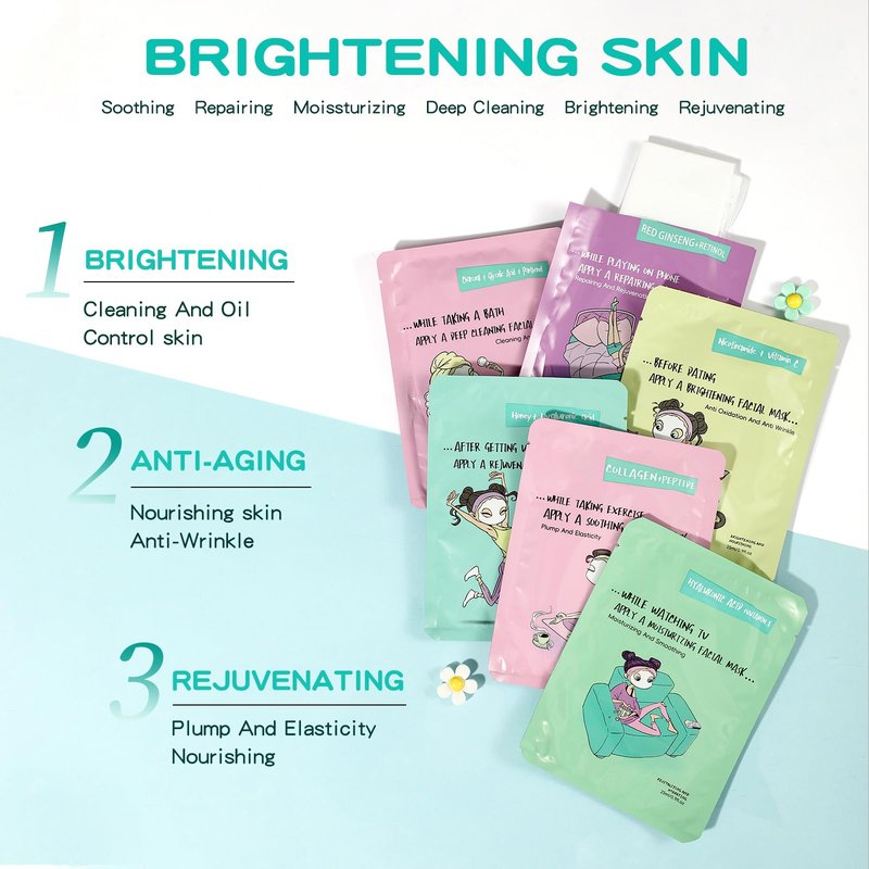 Face Masks Skincare Set for Girl,Moisturizing Collagen Facial Masks for Women Home Spa,Hyaluronic Acid Face Mask for All Skin Types,Day Night Facial Mask Hydrating,Deep Cleaning,Oil Contral(6Pack)