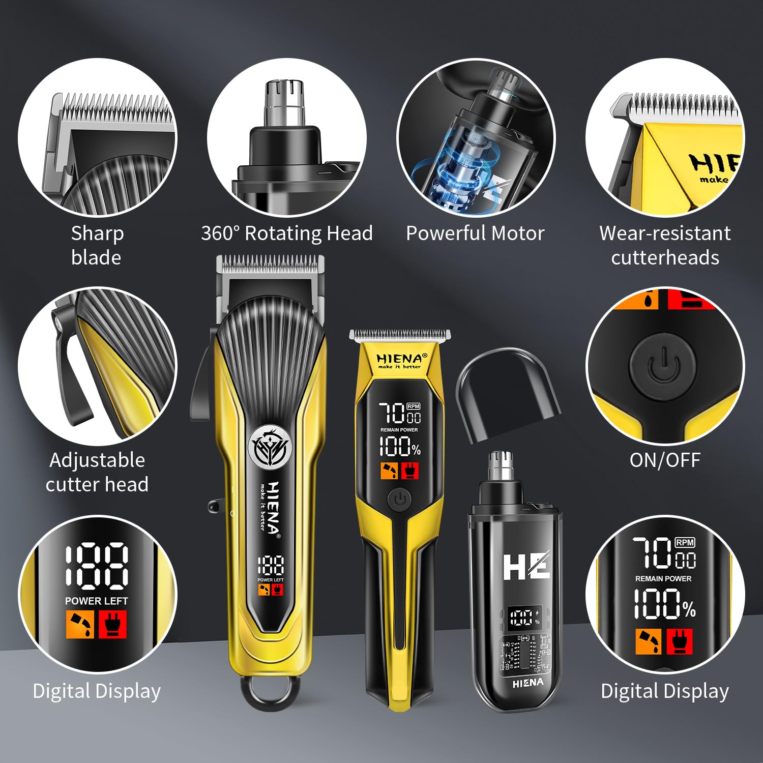HIENA PRO Hair Clipper Set for Men, Professional Cordless Clipper Kit & Trimmer Set, Ear and Nose Hair Clipper with LED Display, USB Rechargeable Hair Cutting Grooming Kit, Gifts for Men