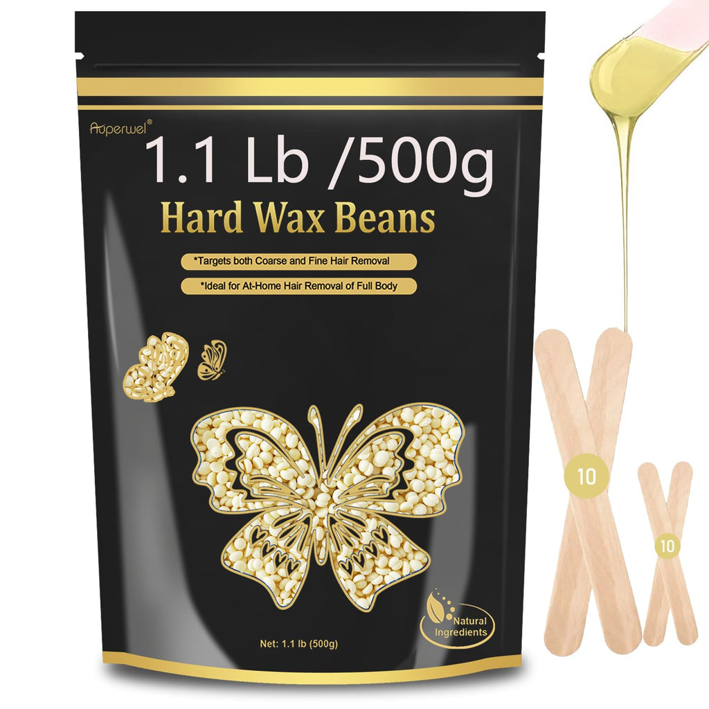 Hard Wax Beads for Sensitive Skin Hair Removal, 1.1LB Painless Pearl Waxing Beans with 20 Spatulas for Bikini, Eyebrow, and Facial At-Home Waxing for Women and Men (Cream)