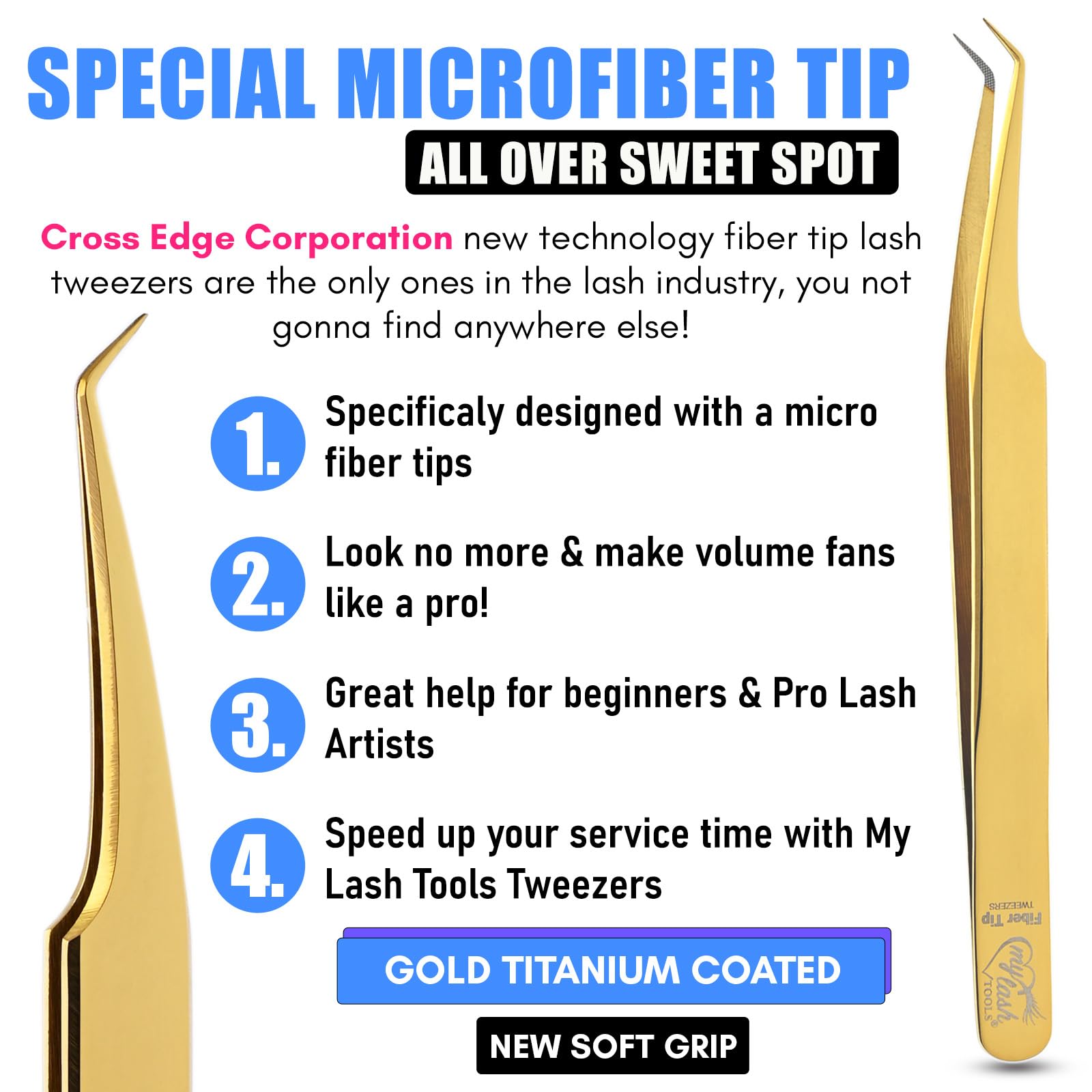 Fiber Tip Lash Tweezer 45 Degree Volume Tweezer – Precision Stainless Steel Eyelash Extension Tool, Professional Lash Applicator for Classic, Volume, Mega Volume Fans, Anti Slip Grip (Gold)