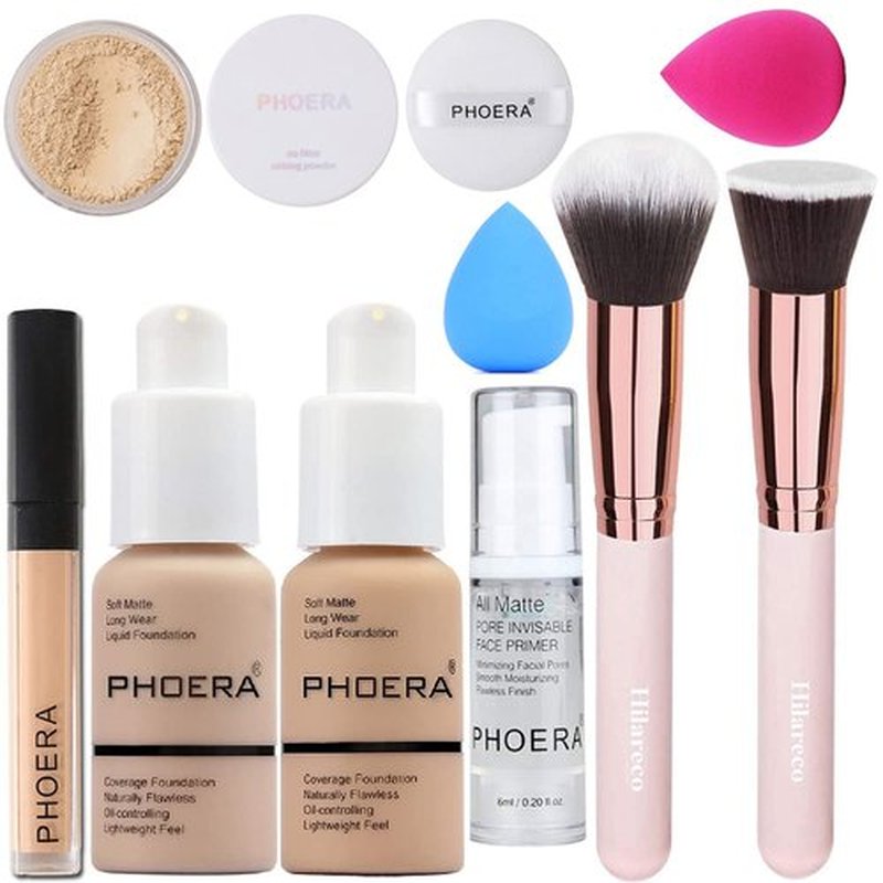 PHOERA Foundation,Full Coverage Foundation, Primer,Powder,Concealer, Makeup Setation Brush Powder Brush,2 Makeup Sponge(2PCS 102- Nude)