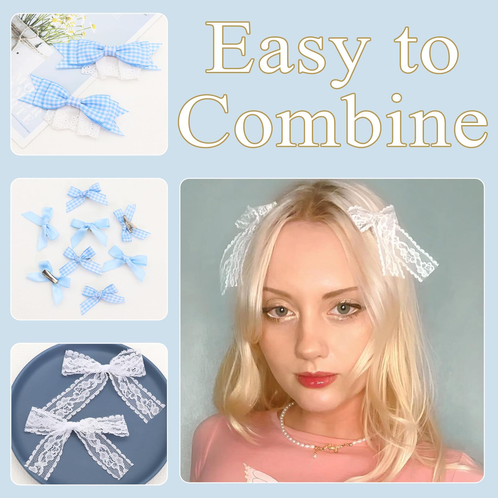 YAEISM 12PCS Blue Bow Hair Clips Cute Gingham Hair Bows 4 Styles Mini Plaid Bows for Hair Coquette Lace Bowknot Ponytail Hair Accessories for Girls Women