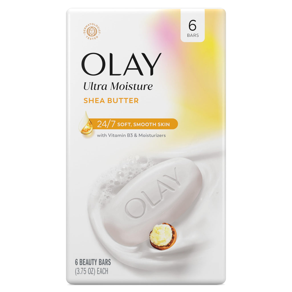 Olay Beauty Bar, Ultra Moisture,10x More Moisturizers, 24/7 Soft & Smooth Skin, Gentle Cleanse on Face & Body, Vitamin B3 Complex, For All Skin Types, Shea Butter Scent, 3.75 oz, (Pack of 6)