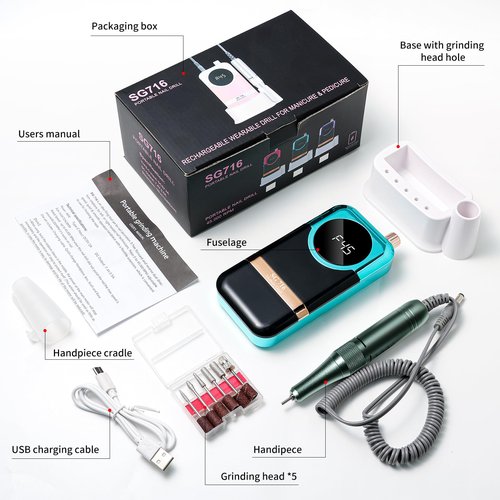 LIMEGIRL Professional Electric Nail Drill Kit 45000RPM Portable Cordless Toenail Cordless Toenail Machine with 14 Drill Bits and Base for Women (Green)