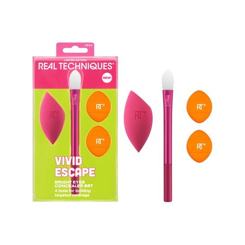 Real Techniques Vivid Escape Bright Eyes Concealer 4 Piece Set, Includes Kitten Paw Makeup Brush, Powder Puff, & Concealer Makeup Blending Sponge, Targeted Concealing, Travel Friendly, Cruelty-Free
