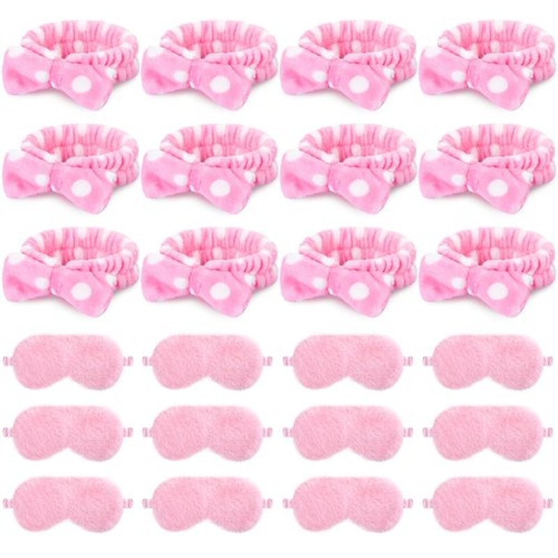 24 Pieces Sleepover Party Favors Spa Headband Sleep Eye Mask Bulk Pink Headband for Washing Face Bow Makeup Eye Mask for Spa Birthday, Bachelorette Party, Slumber Wedding