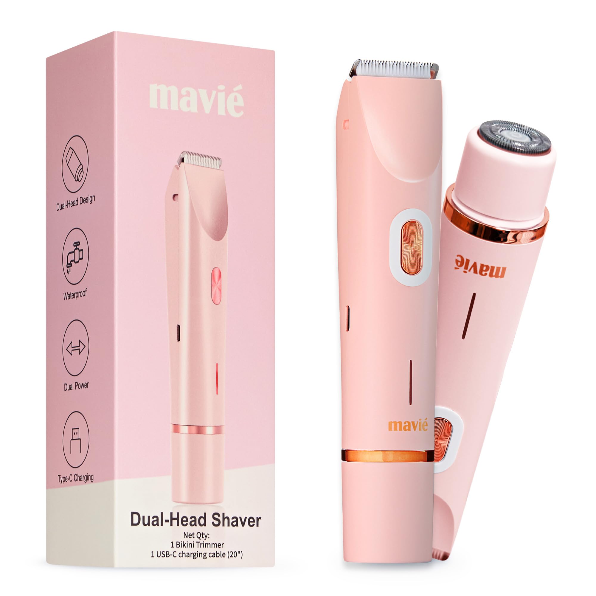 MAVIÉ Dual Head Bikini Trimmer for Women, Electric Razor for Face & Body, Painless Hair Removal Tool, Precision & Body Shaving Heads, Cordless Rechargeable, Portable Grooming Device (Pink)