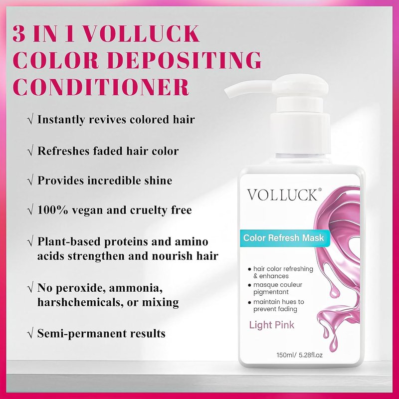 VOLLUCK Color Depositing Conditioner - 3-in-1 Cruelty-Free Hair Mask for Shine & Softness | Light Pink, 5.28 Fl Oz