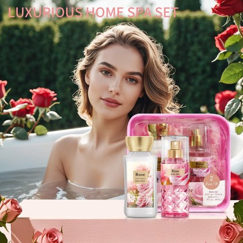 Bath and Body Gift Set for Women & Girls, Rose 2PCS Set for - Body Lotion, Body Mist, Personal Portable Body Care Travel Set for Birthday Mother's Day Gifts for Her and Him