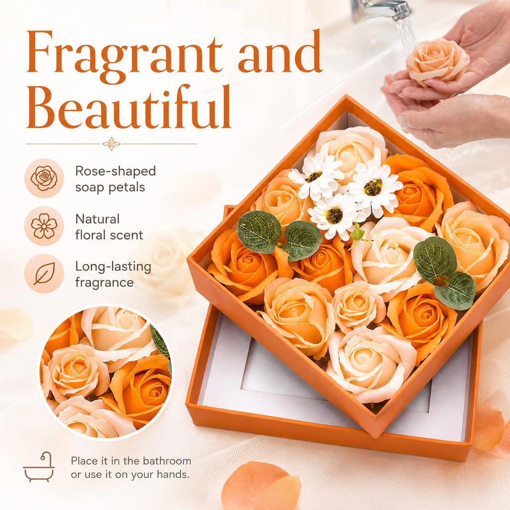 Ideal Swan Rose Bath Soap - Flower Floral Scented Rose Soap Petals in Flower Box, Transparent Window for Women Plant Essential Oil Set for Birthday Valentine’s Christmas （Orange）