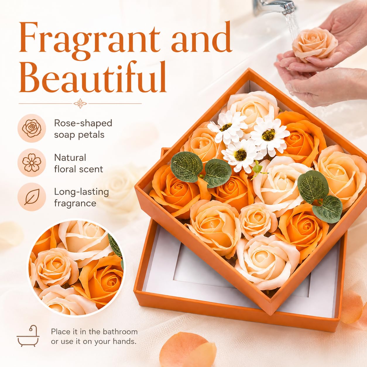 Ideal Swan Rose Bath Soap - Flower Floral Scented Rose Soap Petals in Flower Box, Transparent Window for Women Plant Essential Oil Set for Birthday Valentine’s Christmas （Orange）