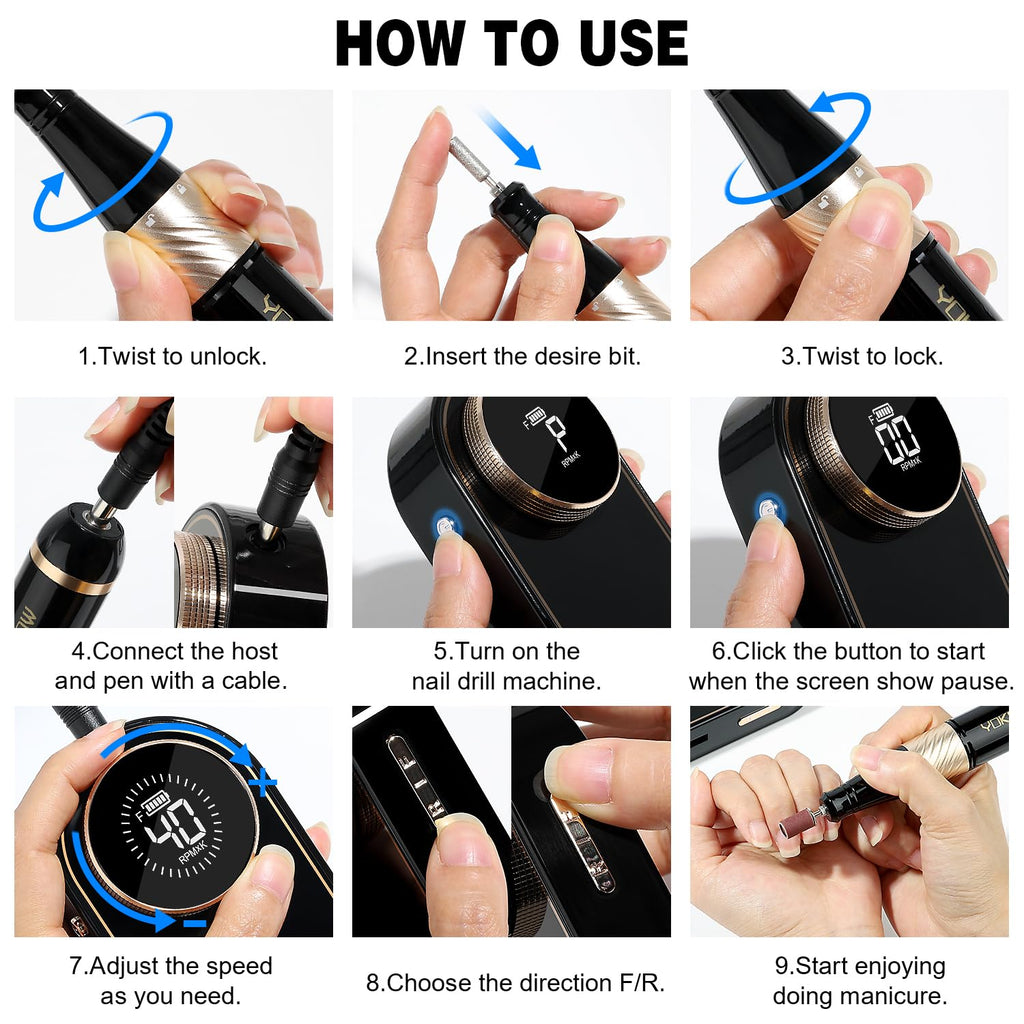 YOKE FELLOW Electric Nail File - Nail Drill Machine for Acrylic Nail Kit with Nail Dust Brush for Dip Powder Manicure Pedicure 40000RPM Rechargeable Nail Drill Gift Set for Women