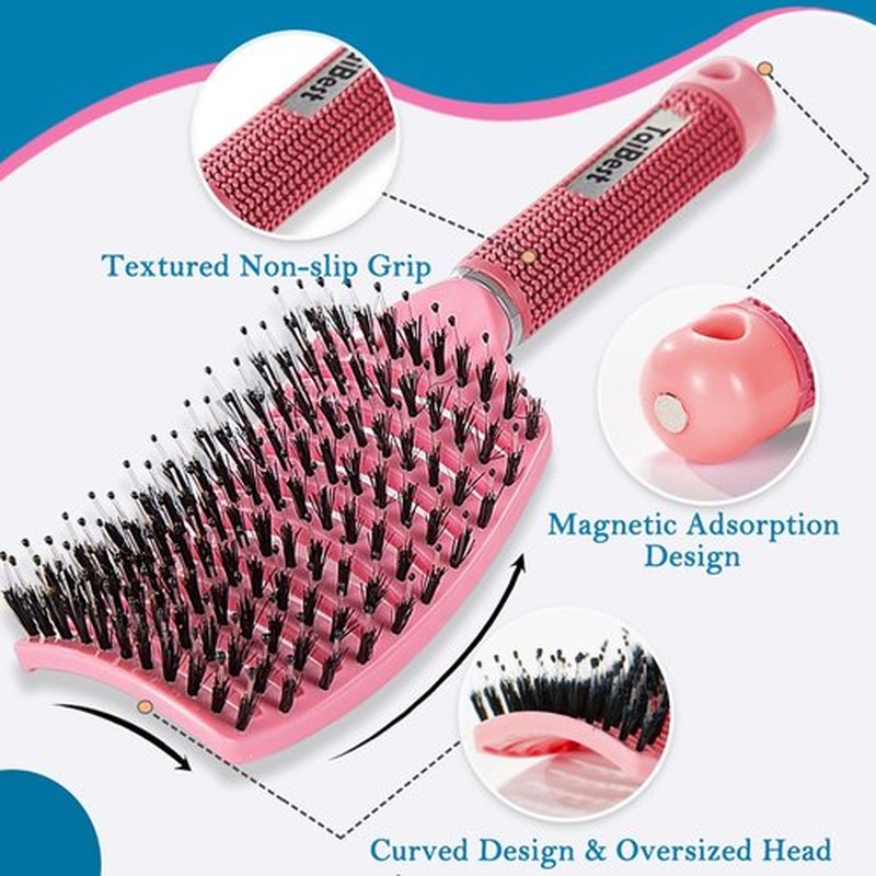 TaiBest Boar Bristle Hair Brush Set - Dry/Wet Hair Brush Detangler for Fine, Thick, Curly Hair - Curved and Vented Brush for Women, Men or Kids (Green & Apricot Pink)