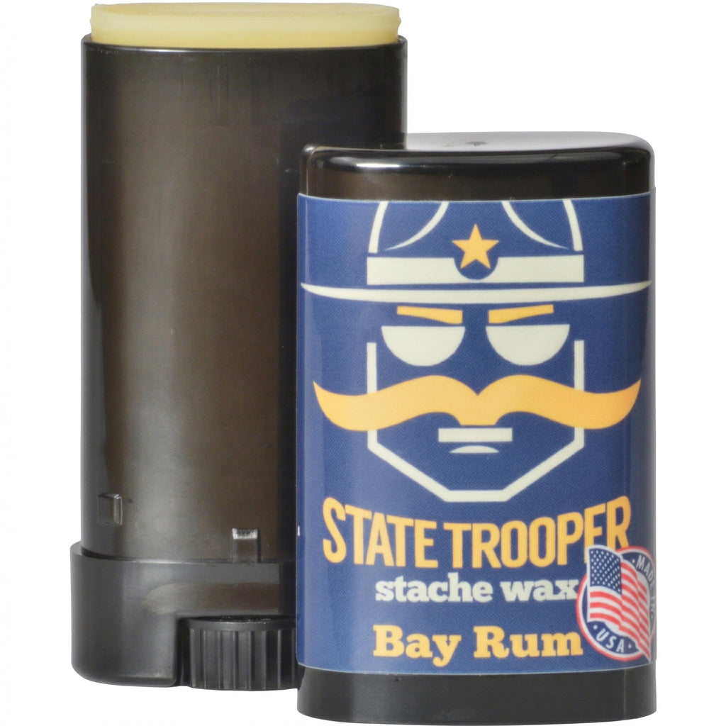 State Trooper Bay Rum - Medium Hold Mustache Wax with Beeswax, Coconut Oil & Lanolin – Natural Moustache Grooming & Styling - Nourishing Moustache Conditioner & Sculpting - 0.5 Ounce Stick/Tube
