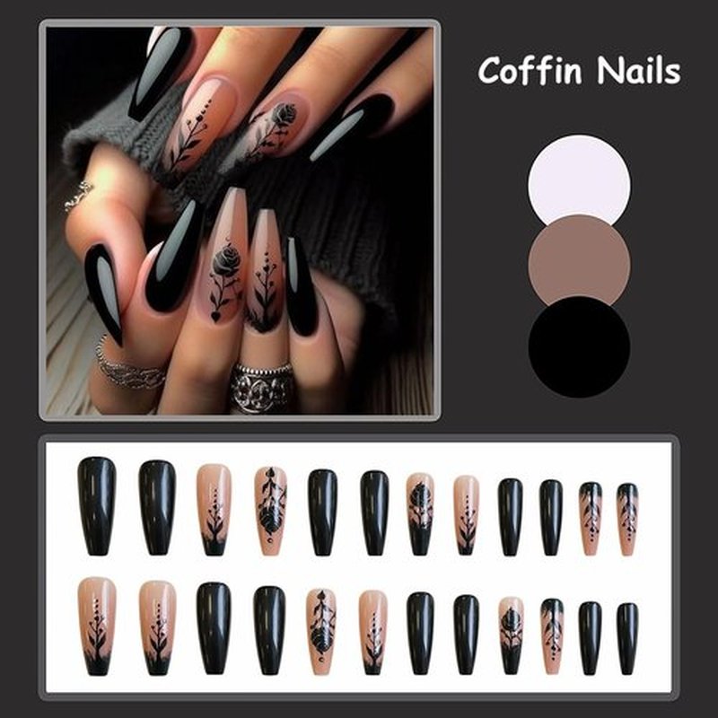 MISUD Press on Nails - Long Coffin Glue on Nails with Goth Black, Acrylic Gothic Rose Design 24 pcs