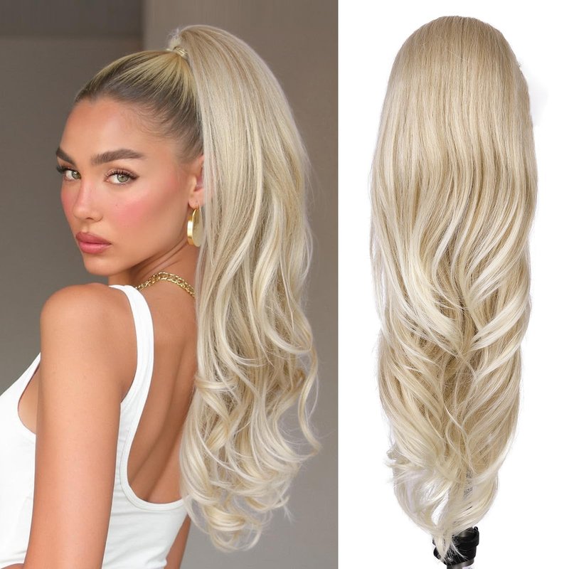 WIGER Ombre Blonde Ponytail Extension 26 Inch Drawstring Ponytail Extension for Women Long Wavy Layered Christmas Pony Tails Hair Extensions for Girls Daily Use