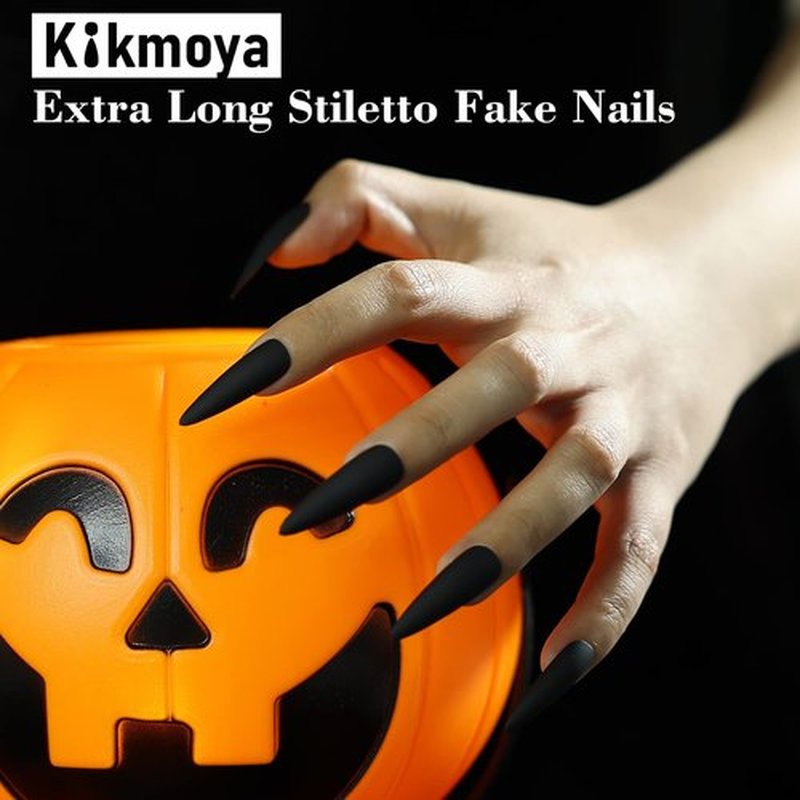 Kikmoya Matte Pure Black Extra Long Stiletto Press on Nails, 24pcs Fake False Nails, Artificial Stick on Manicure for Women
