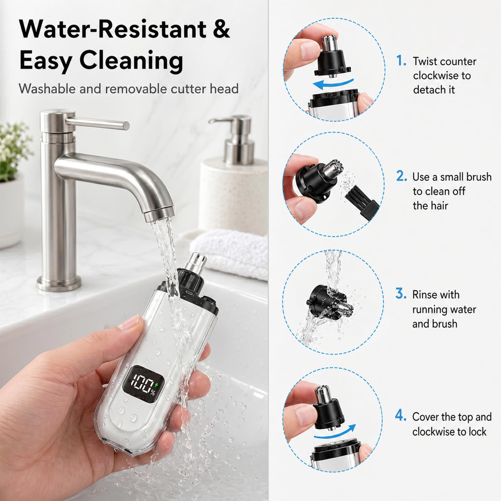 NumberGlow USB Nose and Ear Hair Trimmer for Men and Women Electric Nose Clipper with LED Power Display, Water-Resistant Dual-Edge Blades, High-Speed Motor, Gentle Grooming for Travel, White