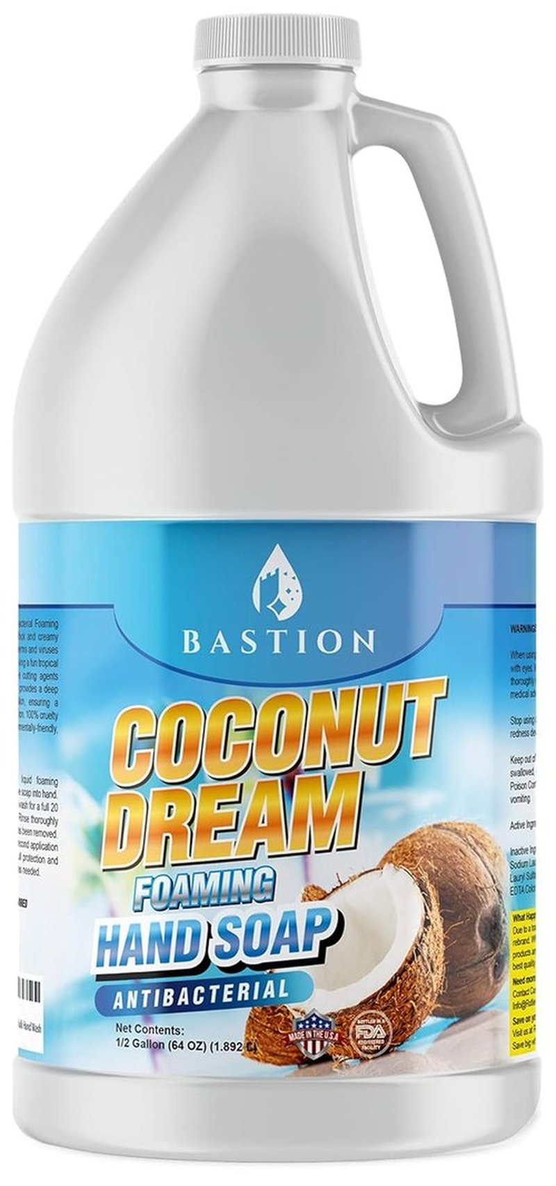Bastion Antibacterial Foaming Hand Soap - Coconut Dream Scent - 1/2 Gallon Refill Jug (64 oz)