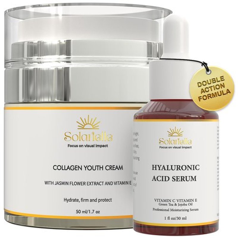 Collagen Youth Cream & Hyaluronic Acid Serum Set by Solarielle – Anti-Aging Skincare Duo for Deep Hydration, Firming & Wrinkle Care