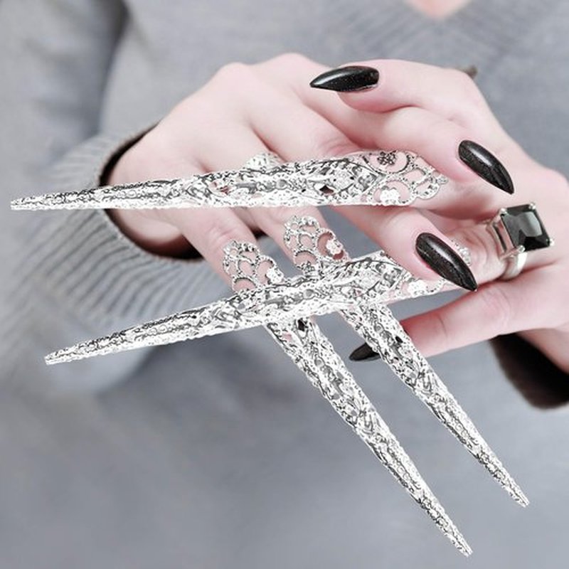 HINZIC 20pcs Finger Nail Claw Ring, Halloween Goth Fingertip Claw Finger Knuckle Protector, Ancient Queen Costume Metal Nail Ring Decoration Accessories for Cosplay Show Drama Dance- Gold & Silver
