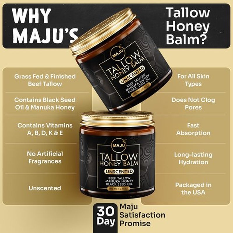 MAJU Beef Tallow Manuka Honey Balm, Unscented (2 oz), Grass-Fed Beef Tallow for Skin with Organic Black Seed Oil, Manuka Honey and Organic Beeswax, Skin and Face Moisturizer for Deep Hydration