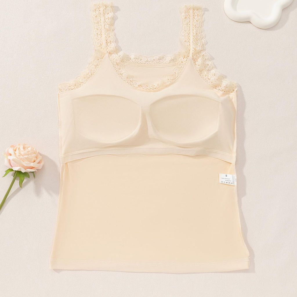 Paghcb Summer Tank Tops for Women with Built in Bra Sexy Lace Trim Padded Camisole Slim Fit Self Bra Cami Shirt Layering Tees