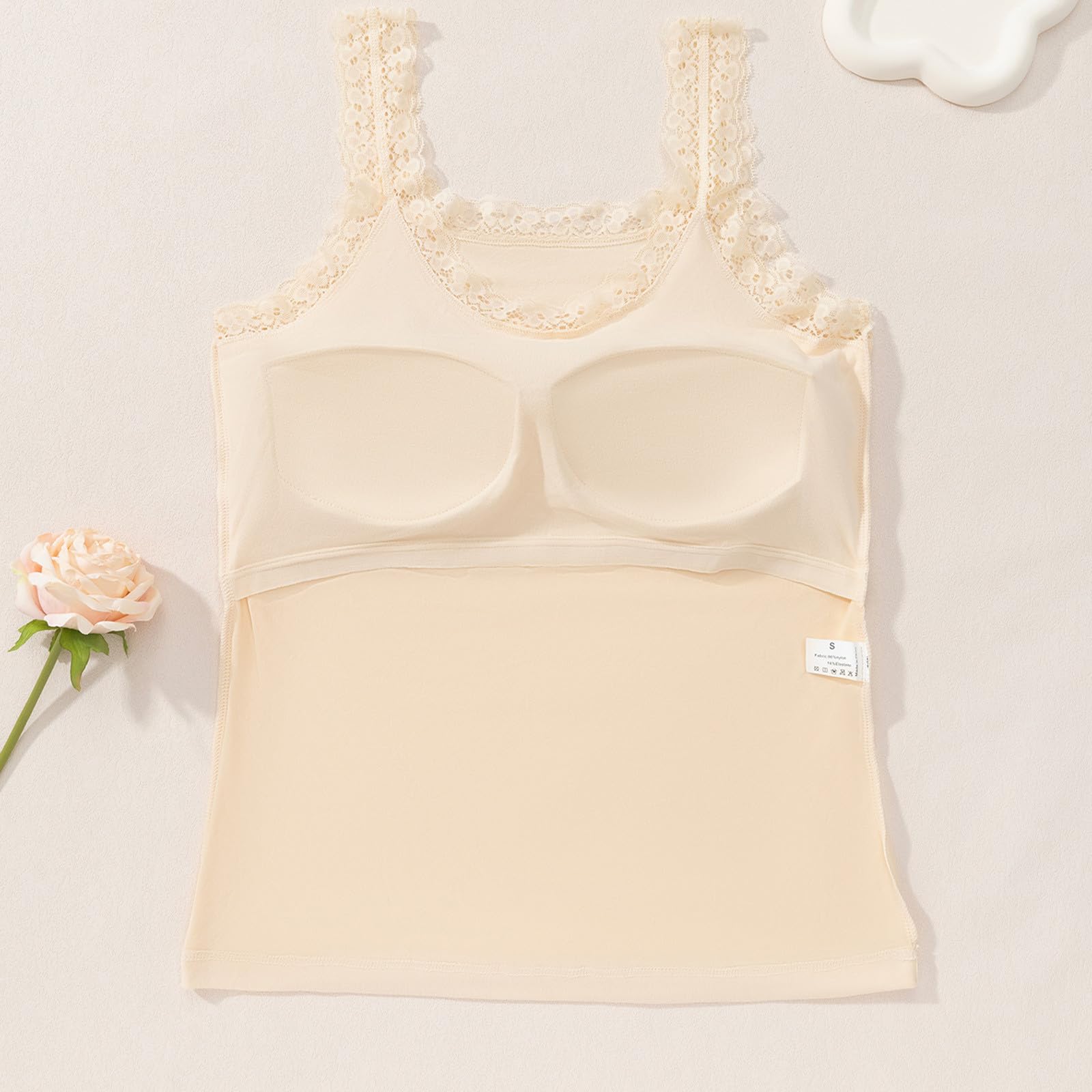 Paghcb Summer Tank Tops for Women with Built in Bra Sexy Lace Trim Padded Camisole Slim Fit Self Bra Cami Shirt Layering Tees