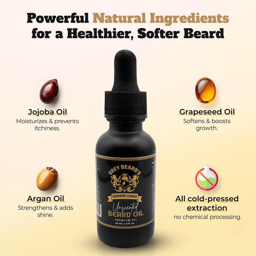 Grey Beard's Grooming Lounge - Unscented Beard Oil for Men 1 fl oz - Natural Leave In Conditioner with Jojoba, Argan and Grapeseed Oils