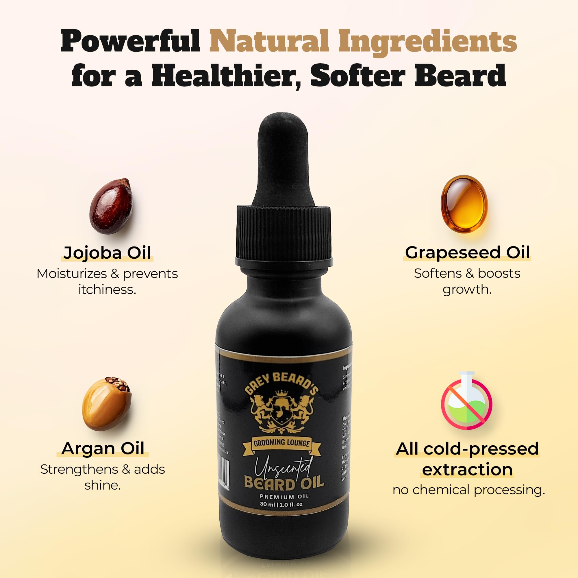 Grey Beard's Grooming Lounge - Unscented Beard Oil for Men 1 fl oz - Natural Leave In Conditioner with Jojoba, Argan and Grapeseed Oils