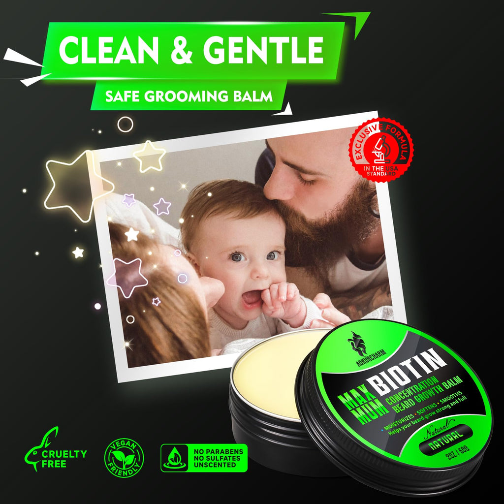 Biotin Beard Balm for Men – Unscented, Fast-Absorbing Beard Softener & Growth Balm with Castor, Shea & Jojoba – Conditions, Styles & Thickens Coarse or Patchy Facial Hair – Idea Gift for Him – 2 OZ