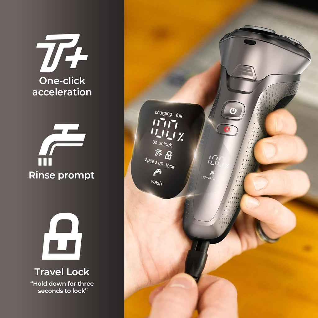 rategist Cordless Electric Razor for Men: 3-in-1 Shaver for Beard/Nose/Sideburns - IPX7 Waterproof Travel Kit - Turbo Speed & Precision Blades,Bright Silver