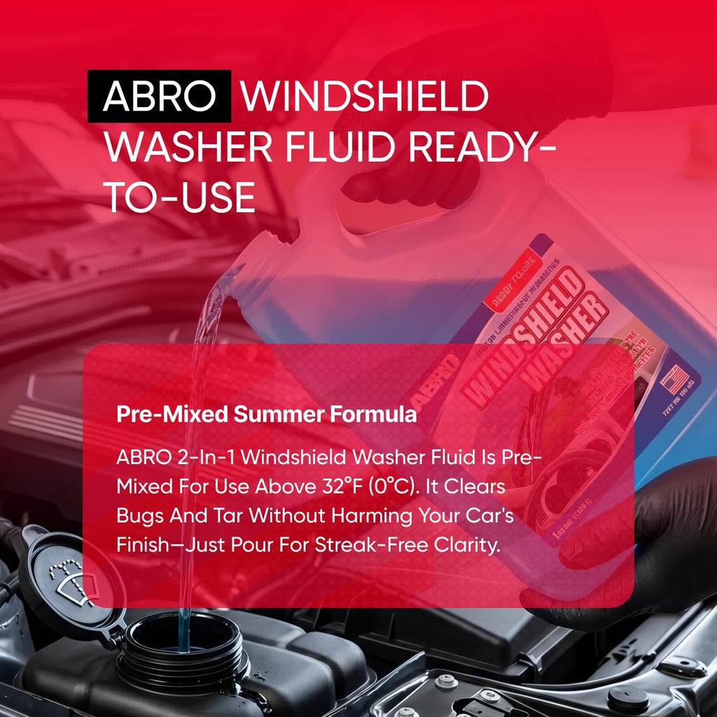 ABRO Windshield Washer Fluid Ready to Use Formula - 1 Gallon, Pre-Mixed, Streak-Free Cleanliness, 2-In-1 Removes Bugs & Tar