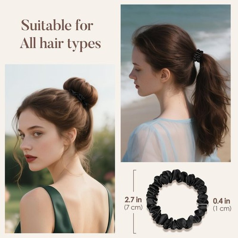 LULUSILK Small Silk Hair Ties No Damage, 100% Real Mulberry Silk, Skinny Scrunchies Ponytail Holders for Thin Fine Hair, Black, Pack of 3