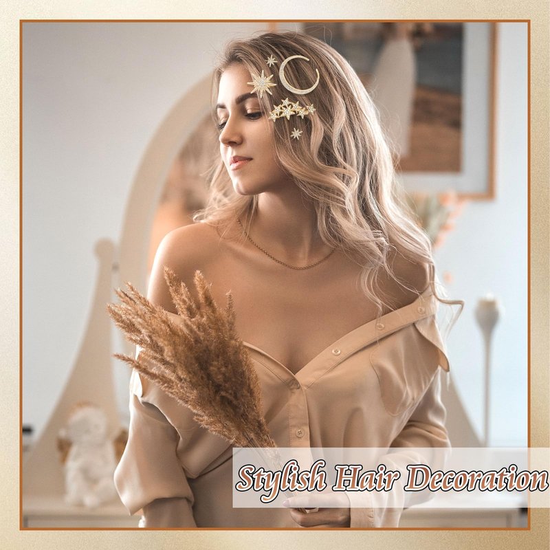 VENOFEN Rhinestone Moon Hair Clips Gold Star Hair Pins Sparkly Crystal Decorative Bobby Pins for Women Vintage Bridal Side Clips Wedding Prom Party Celestial Hair Accessories