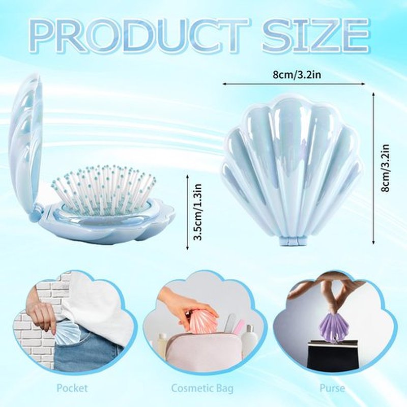 Maji Mama Metallic Shinning Finish Foldable Travel Hair Brushes with Mirror Shell Shape Portable Folding Pocket Hairbrush Mini Hair Comb Purse Compact Size Hair Massager (Blue)