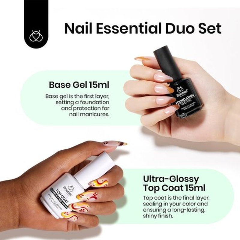 Beetles 5 in 1 Nail Glue Gel for Nail Tips with 2 Pcs 15ml Upgrade Super Shiny Gel Top Coat and Base Coat Set