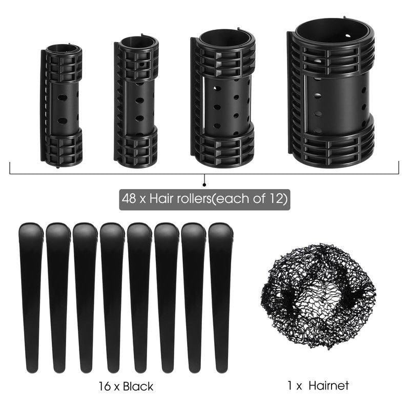 WILLBOND 65 Pieces Magnetic Hair Rollers Set Plastic Rollers Curlers with Clips 4 Sizes for Long Medium Short Hair, Duck Clips Hairnet Hairdressing Styling Tool(Black)