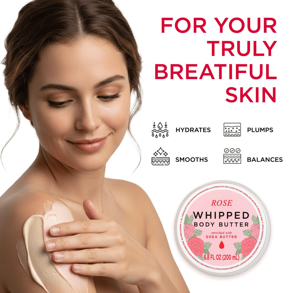 Princess Belle Rose Whipped Shea Body Butter, Body Moisturizer for Dry Skin, Mens and Womens Body Care, Leaves Skin Feeling Moisturized and Soft-200ml(6.8 floz)