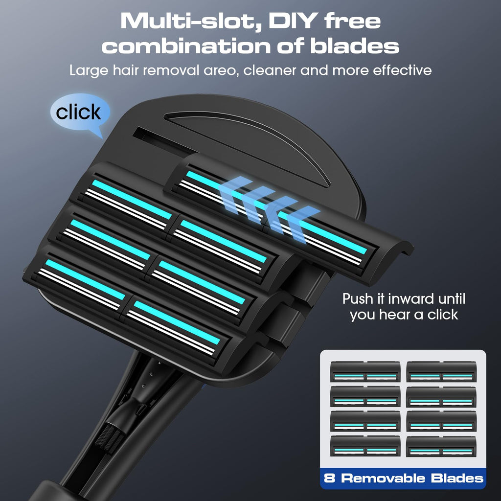ZOMU Back Shavers for Men:Back Hair Shaver and Body Shavers for Men with Safety Blade Technology & Ergonomic DIY Long Handle, Wet or Dry Shaving,Blue (Replaceable 8PCS 3.5inch Blades Included)