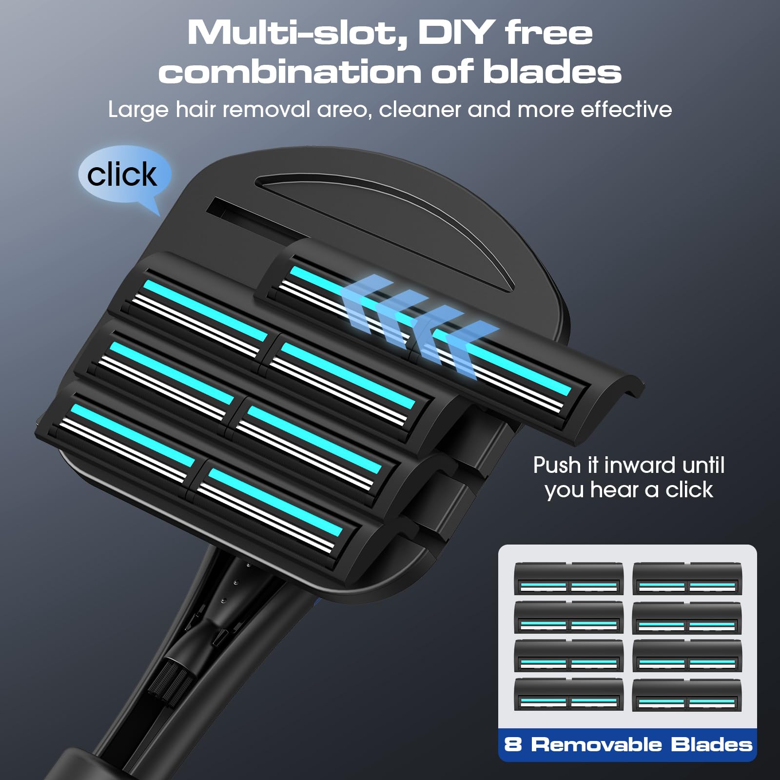 ZOMU Back Shavers for Men:Back Hair Shaver and Body Shavers for Men with Safety Blade Technology & Ergonomic DIY Long Handle, Wet or Dry Shaving,Blue (Replaceable 8PCS 3.5inch Blades Included)