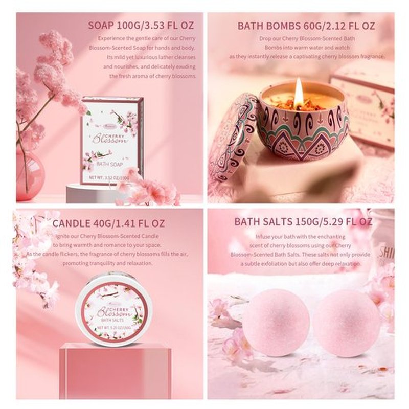 Bath and Body Gift Set for Women & Girls - Japanese Cherry Blossom 7-Piece Luxurious Home Spa Gift Set with Shower Gel, Body Lotion, Bath Oil, Bath Salts, Soap, Bath Bombs, and Candle