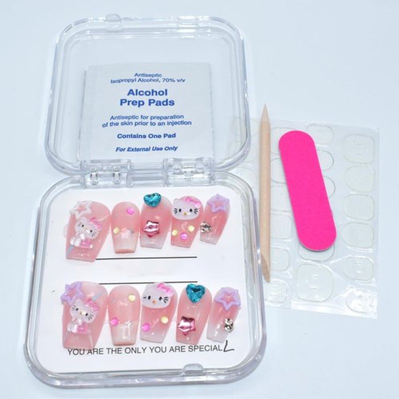 Press on Nails Handmade Short Fake Nails Gel Finished False Nails with Diamond Pearl Stars Charms Cute Cat Square Stick on Nails, Size Small