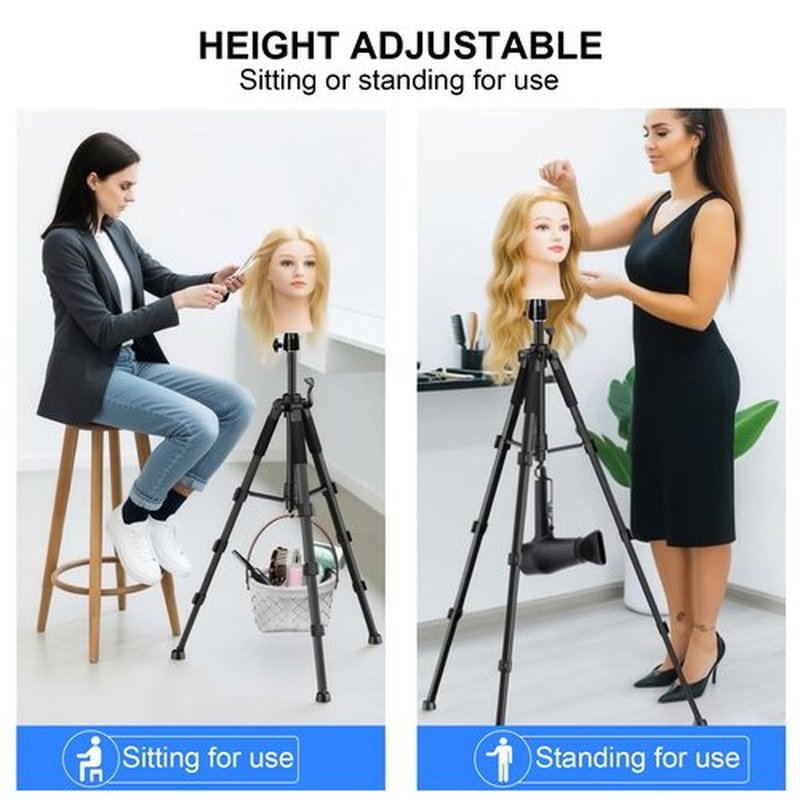 NomadSphere Wig Stand Tripod with Non-Slip Base 62 Inch Adjustable Metal Mannequin Head Stand with Hook, Heavy Duty Manikin Head Tripod for Making, Display, Training (Mannequin Head Not Included)