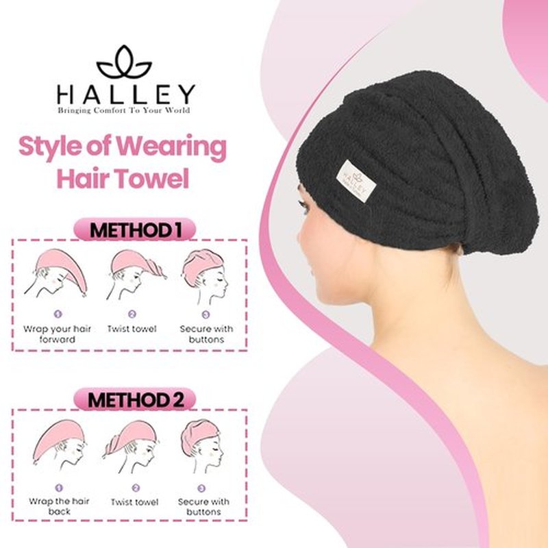 HALLEY Cotton Hair Towel Wrap (3 Packs) Super Absorbent Fast Drying Turbans for Thick, Wet Hair with Button (Black)