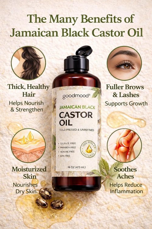 GOODMOOD Jamaican Black Castor Oil, 16 oz, Organic Cold Pressed Unrefined, Pure Castor Oil for Hair Growth, Skin Care, and Belly Fat