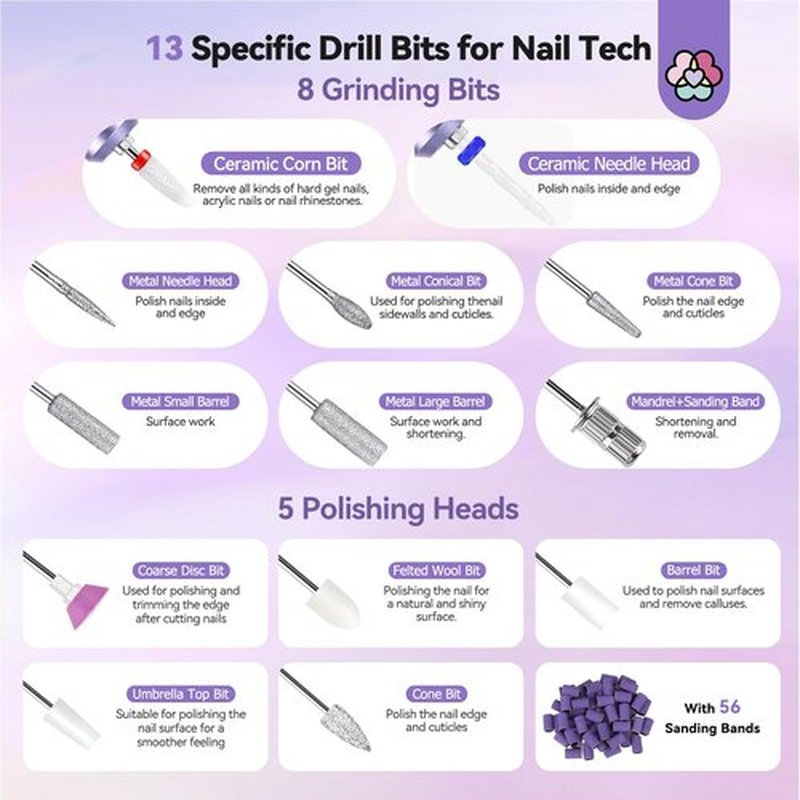 SAVILAND High Speed Nail Drill 40000 RMP: Diamond Shiny Electric Nail File 2600 mAh Rechargeable Nail Drill Kit for Thick Acrylic Nails Removal with Ceramic Drill Bits Sanding Bands Nail Tech Salon