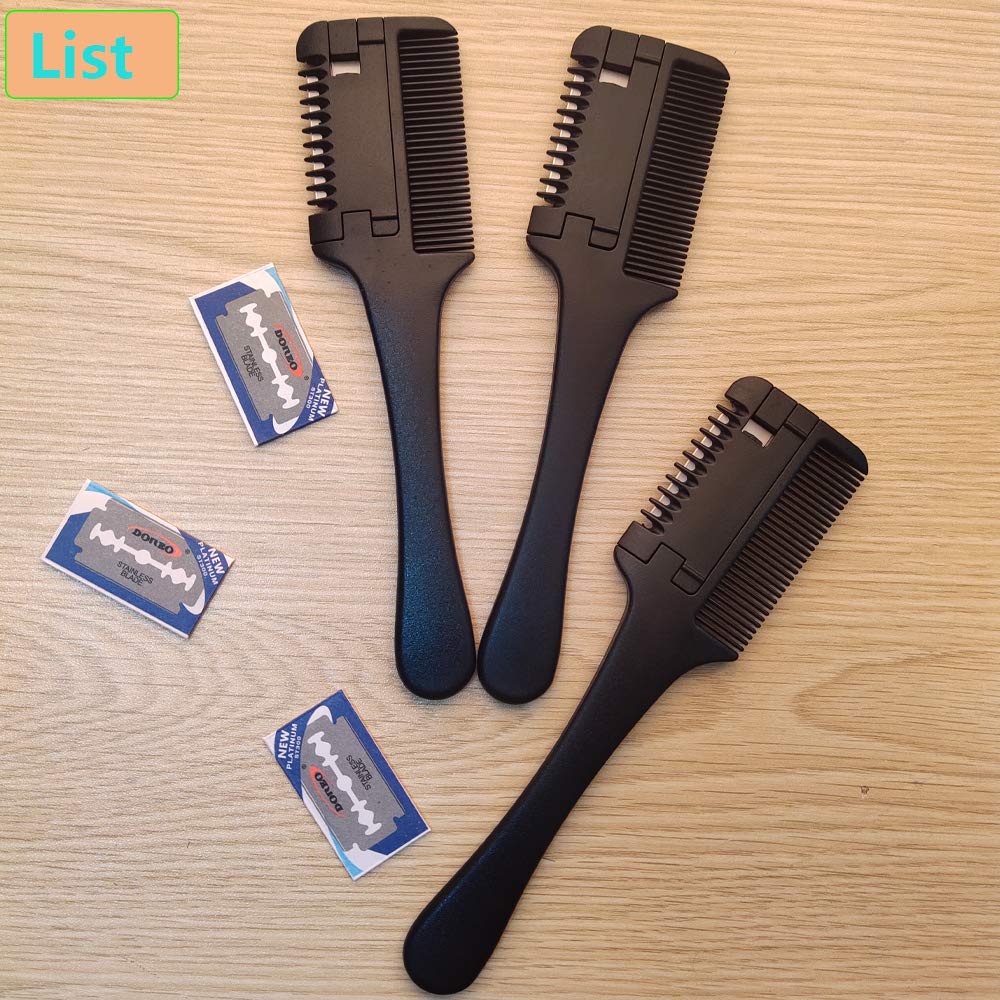 3 Pcs Hair Cutting Combs with Extra 3 Replacement Razors, MSDADA Double Edge Razor Comb for Thin and Thick Hair Trimming and Thinning